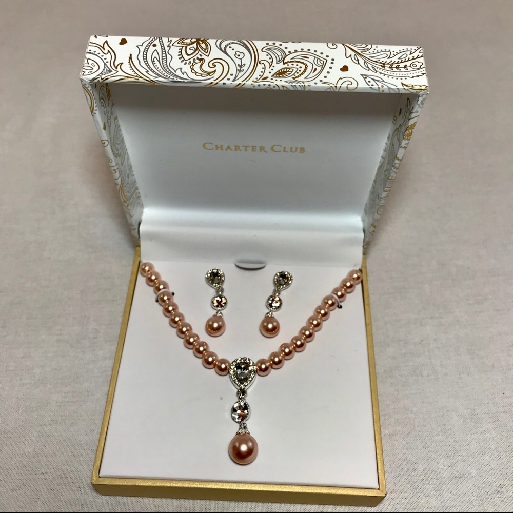 Cubic Zirconia Pearl Lariat Necklace Earrings Set - Picture 4 of 7